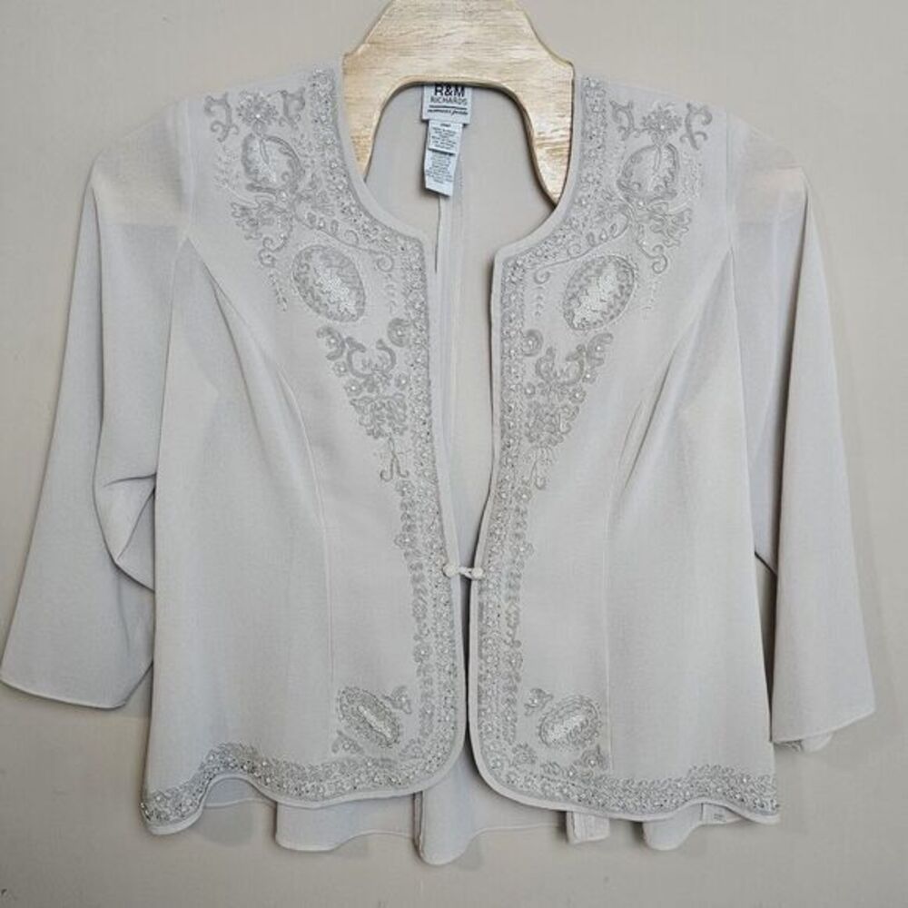 R&M‎ RICHARDS Women’s 20WP Petite Suit Jacket Beige Sheer Beaded Grandma Work